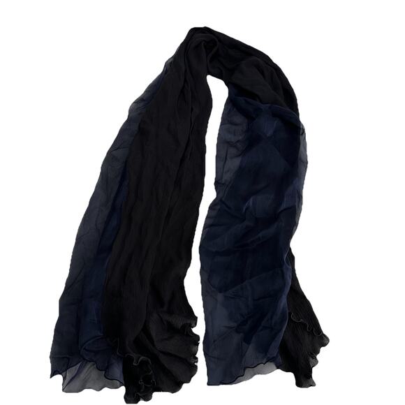 etro Italy 100% silk solid blue black crinkle Ruffle Hem scarf - Picture 5 of 16